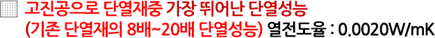고진공으로단열재중에서가장뛰어난 단열성능,기존단열재의 8배~20배의단열성능,열전도율0.0020W/mK이하